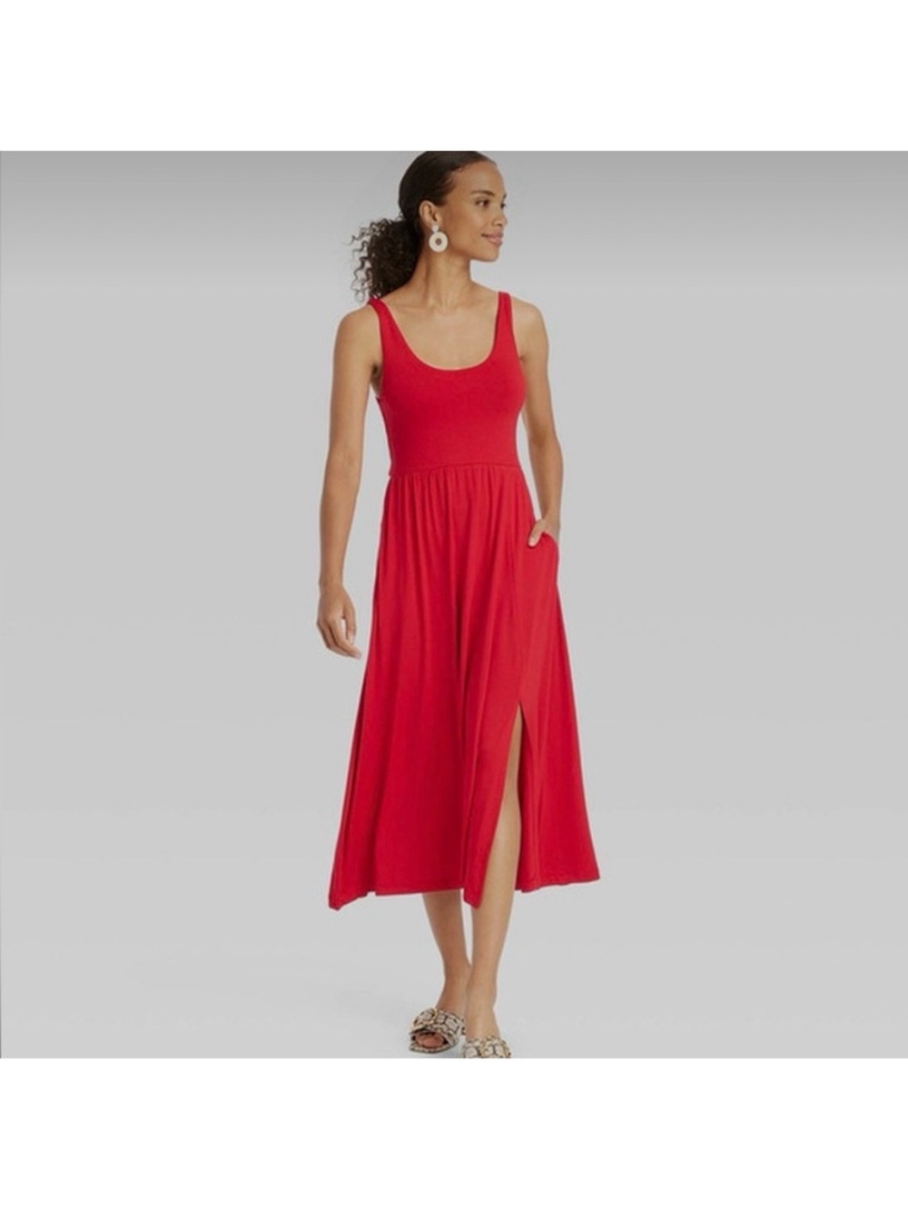 Pockets! Target a new day Red Scoop Ballet Neck Midi Dress with Side Slit